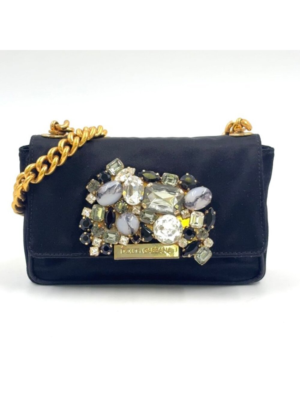 Dolce & Gabbana Bijou Mini Satin Black Chain Shoulder Bag Gold